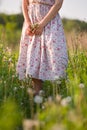 Woman on the flower meadow on a sunny summer day. Closeup of woman`s hands holding wild flowers. Girl in nice dress