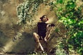 Woman with flower in mouth sitting on chair Royalty Free Stock Photo