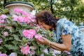 Woman with a flower. Senior Hispanic Woman Working In Garden. Close-up portrait of an older woman on walk with flowers.