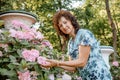 Woman with a flower. Senior Hispanic Woman Working In Garden. Close-up portrait of an older woman on walk with flowers. Royalty Free Stock Photo