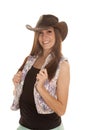 Woman flower vest hat hold vest smile Royalty Free Stock Photo