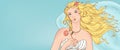 Woman with flower in wedding dress cartoon banner background. Fantazy sensuality art.