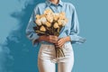 woman flower white yellow blue bouquet floral hand day romantic sweater. Generative AI. Royalty Free Stock Photo