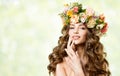 Woman Flower Wreath Hat, Beautiful Fashion Models with Roses Flowers in Hairstyle on Green Royalty Free Stock Photo