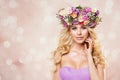 Woman Flower Wreath Hat, Beautiful Fashion Models with Roses Flowers in Hairstyle Royalty Free Stock Photo