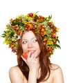 woman with flower wreath on head holding apple Royalty Free Stock Photo