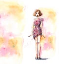 Woman in flowers dress. beautiful fashion illustration. watercolor painting Royalty Free Stock Photo