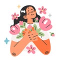 Woman with flowers. Harmony, inner peace and balance idea. Young girl hugs