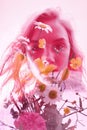 Woman with flowers inside, double exposure. Blonde girl in lingerie on crimson background, dreamy mysterious look. Wildflowers Royalty Free Stock Photo