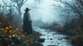 A Woman in a Flowing Dress and Elegant Hat, Standing Gracefully by a Babbling Stream