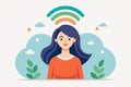 A woman with flowing long hair stands beneath a rainbow in this vibrant illustration, Vector 5G wifi network and female character Royalty Free Stock Photo