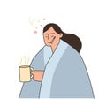 Woman with flu and cold under the blanket holding a hot tea and holding a thermometer in her mouth, hand drawn style vector
