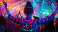 A woman with fluorescent bodypainting seen from back in a music event, dancing in neon color lights