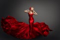 Woman in Fluttering Red Dress, Waving Silk Cloth, Artistic Fashion Model in Flowing Silk Fabric