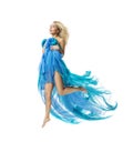 Woman Flying Jump, Active Fashion Model Jumping in Blue Dress Royalty Free Stock Photo