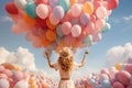 Woman flying with multicolored balloons to the blue sky, positive attitude, joy and happiness, road to freedom, carefree girl