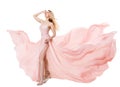 Woman Flying Pink Dress, Fashion Model in Long Waving Gown, Fluttering Fabric Royalty Free Stock Photo