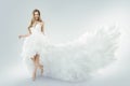 Woman Flying White Dress, Elegant Fashion Model Fluttering Gown Royalty Free Stock Photo