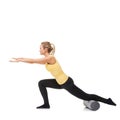 Woman, foam roller and stretching body in studio with lunge exercise, fitness and yoga workout on white background