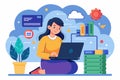 A woman is focused on her laptop, installing cloud software in a cozy indoor environment, woman with laptop installing cloud data Royalty Free Stock Photo