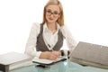 Woman with folder on desk isolated