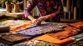 Woman folding batik textiles, traditional batik heritage concept, generative ai