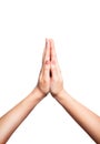 Woman folds hands for prayer or plea, white background