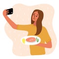woman food blogger making photo selfie with salmon steak and lemon and rosemary for blog. Cute girl with smartphone camera. Social