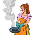 Woman and a food burnt in a frying pan