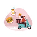 A woman food raider deliver food by green scooter motorcycle to home flat vector illustration isolated on white background. Online Royalty Free Stock Photo