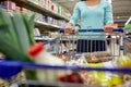 Woman with food in shopping cart at supermarket Royalty Free Stock Photo