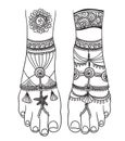 Woman foot with magic mehendi and boho jewelry. Vector illustration isolated.