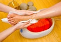 Woman foot in paraffin bath at the spa Royalty Free Stock Photo