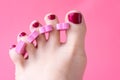 Woman foot pedicure at home with nail separators and red nail polish on pink background