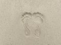 Woman footprint stamp on sand ground at the beach. Rough surface texture.