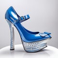 woman footwear, blue glossy leather high heel shoe, generative ai illustration