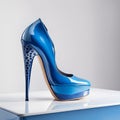 woman footwear, blue glossy leather high heel shoe, generative ai illustration