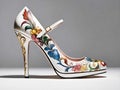 woman footwear, high heel shoe with high platform, multicolored floral decorations