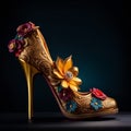 woman footwear, high heels shoes with floral decorations and golden accessories, generative ai illustration Royalty Free Stock Photo