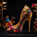 woman footwear, high heels shoes with floral decorations and golden accessories, generative ai illustration Royalty Free Stock Photo