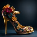 woman footwear, high heels shoes with floral decorations and golden accessories, generative ai illustrationted Royalty Free Stock Photo