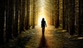 Woman on a forest path from dark to light Royalty Free Stock Photo