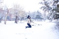 Woman in forest, portrait of a woman in winter forest, cute woman in winter park