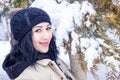 Woman in forest, portrait of a woman in winter forest, cute woman in winter park