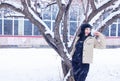 Woman in forest, portrait of a woman in winter forest, cute woman in winter park