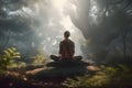 A woman in the forest on a stone practices meditation, Generative AI 2 Royalty Free Stock Photo