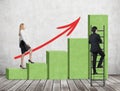 A woman in formal clothes is going up through a green bar chart, while a man has found a shortcut how to reach the final point of Royalty Free Stock Photo