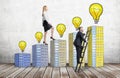 A woman in formal clothes is going up using a stairs which are made of houses with lightbulbs, while a man has found a shortcut ho Royalty Free Stock Photo