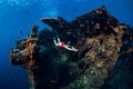 Woman free diver swim with fins at wreck ship. Freediving in ocean Royalty Free Stock Photo