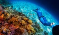 Woman freediver glides over vivid coral reef Royalty Free Stock Photo